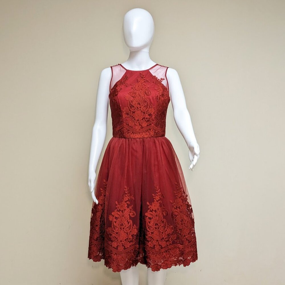 CHI CHI London Fiery Red Fit & Flare Dress w/ Full Tulle Skirt - Picture 2 of 9